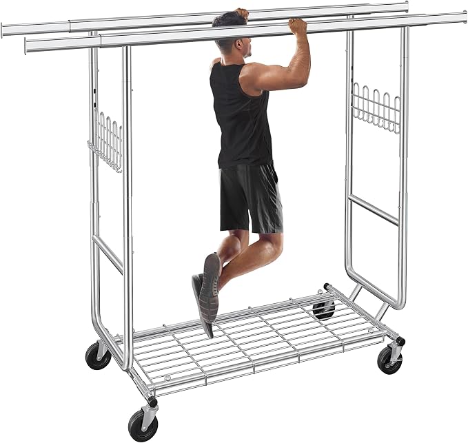 Gewudraw Clothes Rack Heavy Duty Load 900 Lbs With Wheels,Commercial,Chrome | Double Rod Rolling Clothing Rack, Adjustable | Portable | Collapsible, Hooks,Shelf,Garment Rack for Wardrobe,Bedroom,Silver