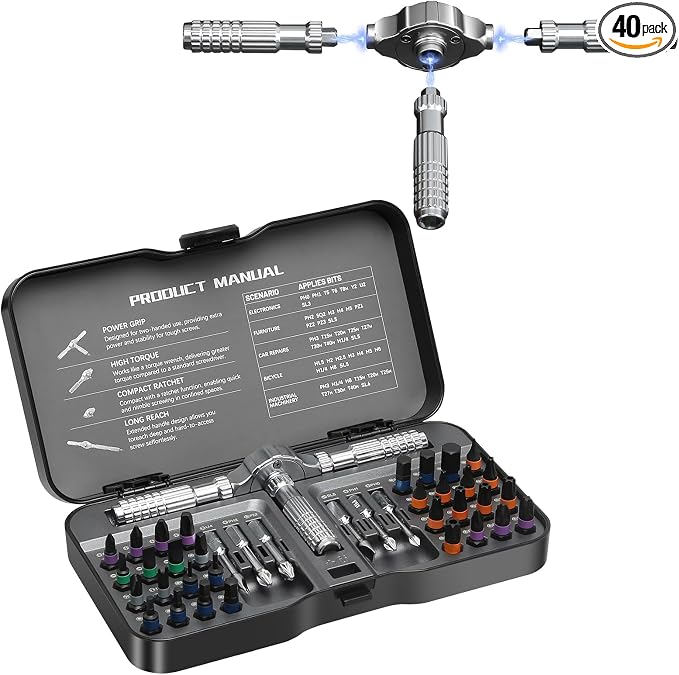 40 in 1 Ratchet Screwdriver Set, Magnetic Ratchet Screwdriver, S2 Steel Bit | Detachable Handle Strong Magnetic Design, Compact Ratchet Wrench Tool Kit for Electronics, Furniture, Bicycle, Home Repair