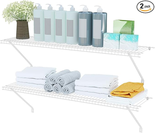 PROWORX Closet Shelves Wall Mounted, 2 Pack 4 ft x 12 in White Wire Shelving Kit, Metal Wall Shelf Organizer for Home, Pantry, Laundry Room Storage
