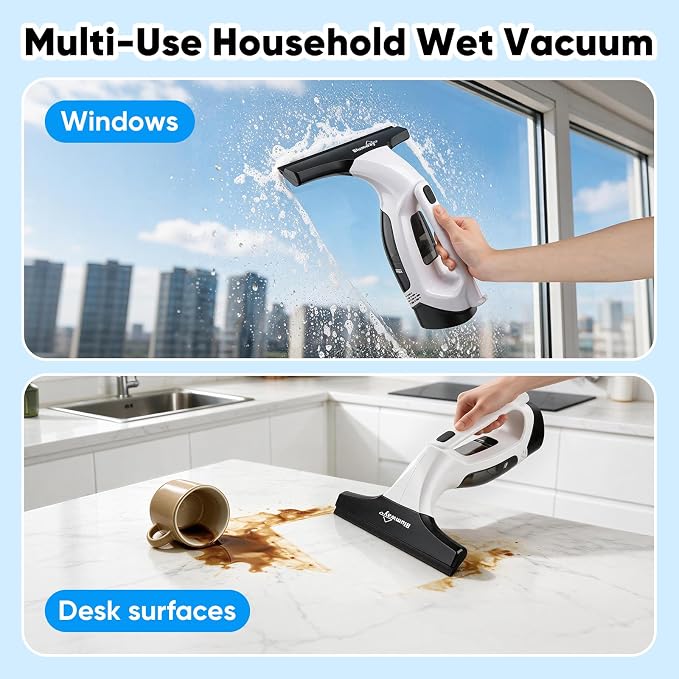 Cordless Window Vacuum Squeegee, 4000mAh Electric Window Cleaner Tool, Window Cleaning Kit with Shower Squeegee & Extension Pole for Shower Glass, Mirror, Door, Car