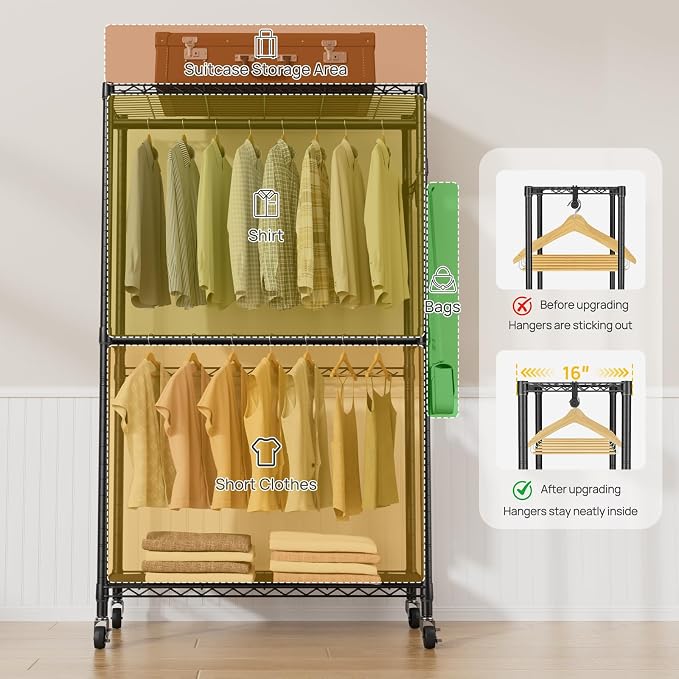 Golpart Heavy Duty Rolling Clothes Rack Wheels Portable Metal Garment Rack | Wardrobe Adjustable Wire Shelving Metal Double Clothing Racks for Hanging Clothes Organizer Closet Laundry Room Organization