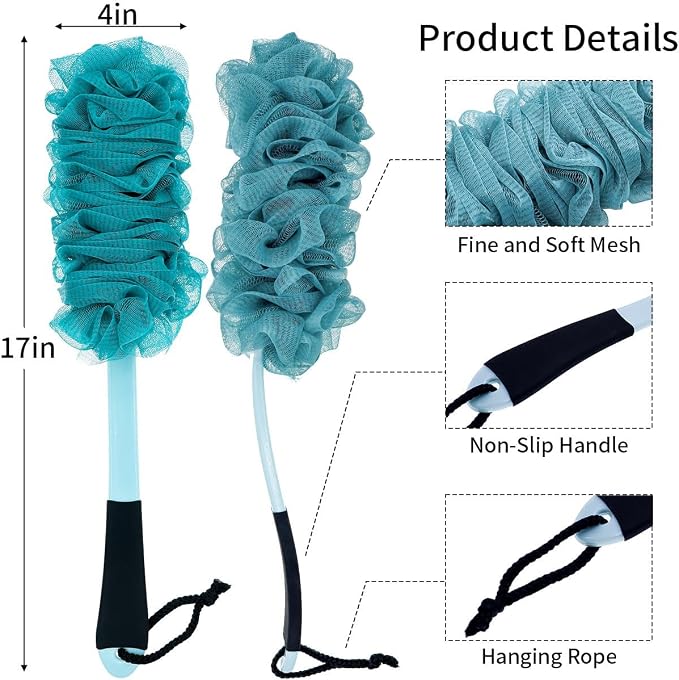 2 Pack Back Scrubber for Shower, Long Handle Scrub Brush, Exfoliating Loofah Sponge Body Brush for Back Use, Loofah On a Stick for Back Cleaning, Bathing Accessories Body Brushes (Blue and Pink)