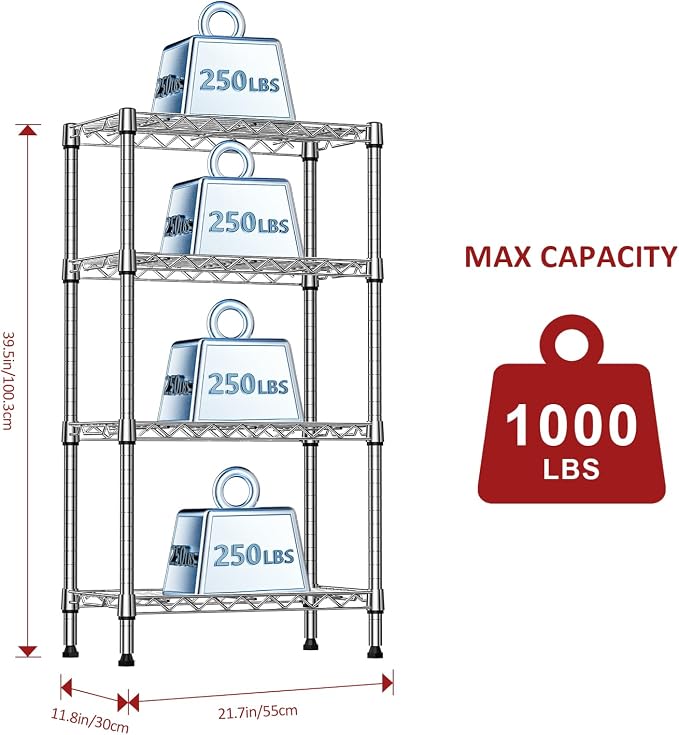 IZEUK 4 Tier Steel Storage Shelves, Heavy Duty Metal Shelf Wire Shelving Rack for Pantry, Kitchen, Living Room, or Office Organization (11.8" D x 21.7" W x 39.5" H, 1000LBS, Chrome)