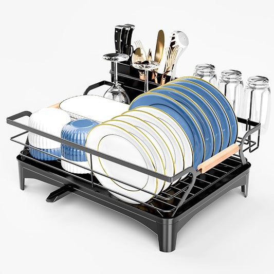 Dish Drying Rack,Space Saving Dish Drainer for Kitchen Counter & Sink,Black | Rustproof,Riser Feet,Wooden Handle,Cup Holder & Knife Slots,Expandable Spout,Auto-Drainage System,Sink Storage Organizer
