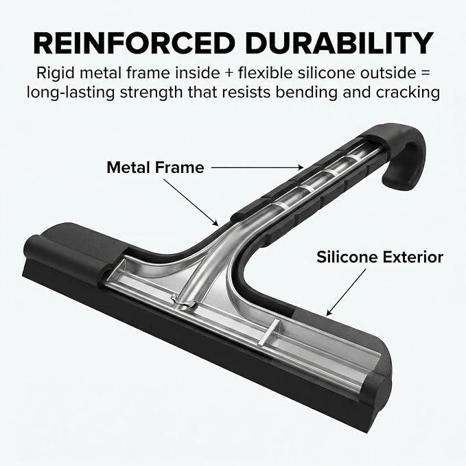 8 Inch Silicone Shower Squeegee for Glass Doors – All-in-One with Built-in Hook, Ergonomic Non-Slip Handle & Reinforced Iron Core, Multi-Purpose for Mirrors, Countertops, Windows, Black