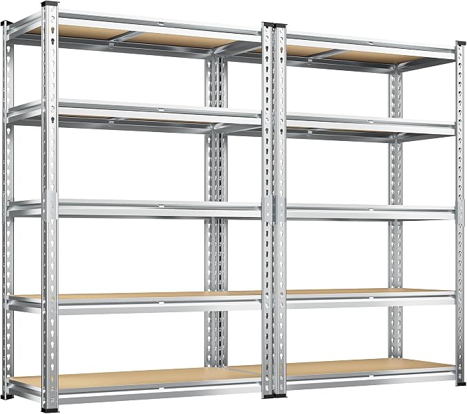 REIBII Garage Shelving, 5 Tier Storage Shelves Load 2400LBS, Adjustable Garage Shelving Heavy Duty, Metal Shelves Unit with Waterproof Columns, 35.5" W x 11.9" D x 72" H, Galvanized, 2 Pack
