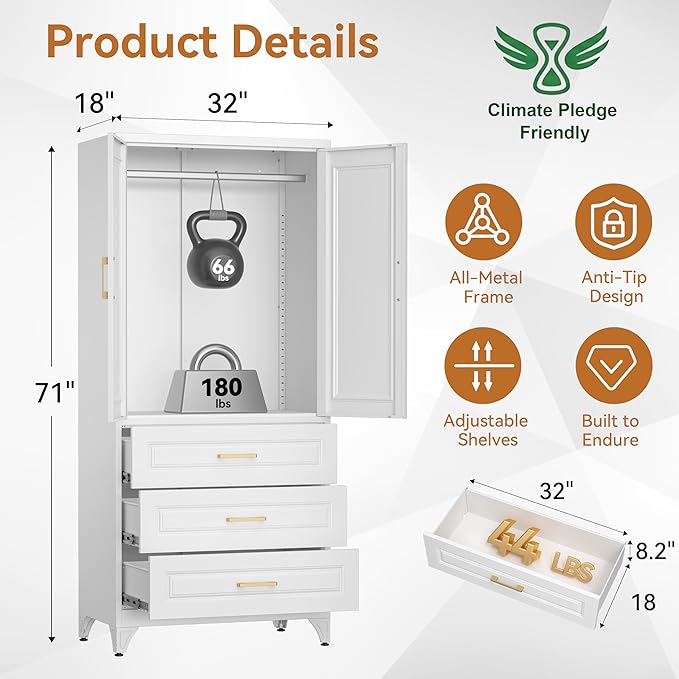 Polup Metal Armoire Wardrobe Closet with Three Drawers, 71“ Tall Large Wardrobe Cabinet with Hanging Rod, Freestanding Wardrobe Cabinet with Doors for Bedroom, White, Assemble Required