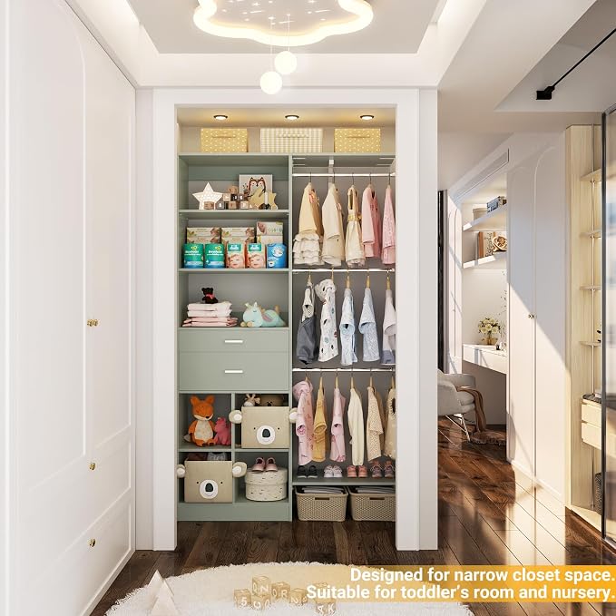 5FT Small Closet System, Baby Closet Organizer System with Wooden Drawers, 60 Inches Walk in Closet System with 5 Hanging Rods and 3 Reversible Hanging Shelving, Crab Green