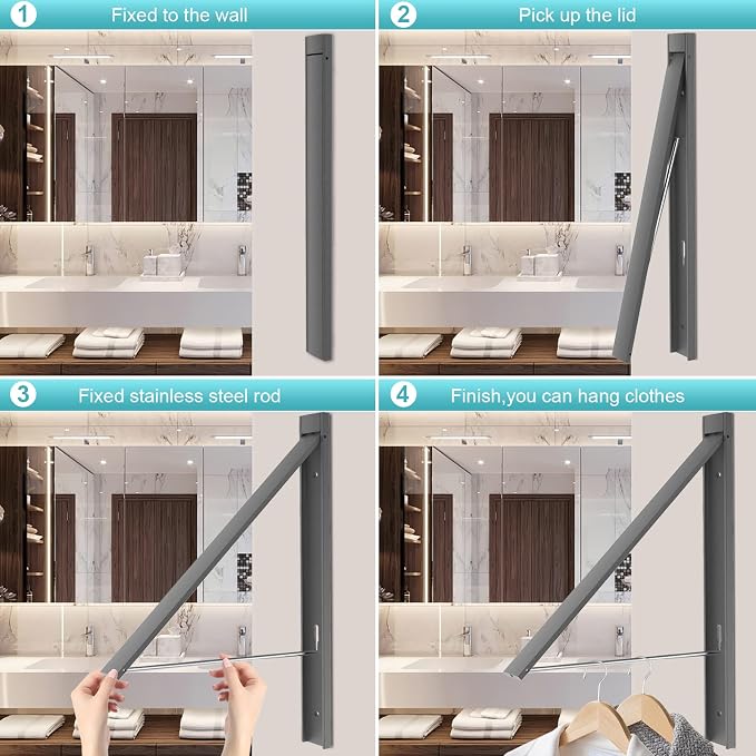 Clothes Drying Rack Folding Indoor,Laundry Room Organization,Wall Mounted Drying Racks for Laundry,Laundry Drying Rack Collapsible,Laundry Drying Rack,Retractable Clothesline (Gunmetal Gray)