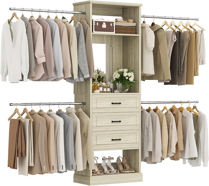 Unikito Closet System, 4FT - 9FT Closet Organizer with Mirror, Luxury Walk in Closet Insert with Drawers and 4 Hanging Rods, Sturdy Wood Wardrobe Closet Garment Rack with 25” Tower, White Oak