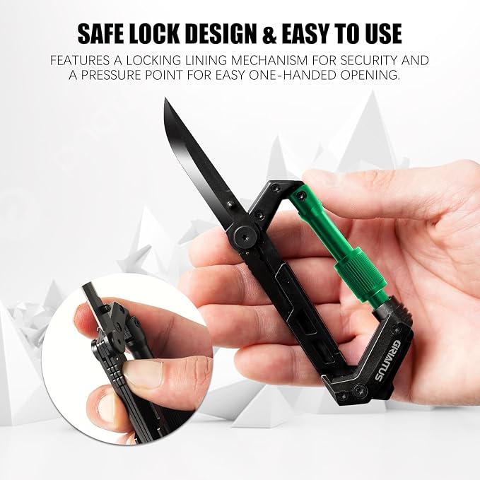 Carabiner Multitool with Pocket Knives, EDC Carabiners for Camping Hiking | Serrated Knife, Rope Cutter, Screwdriver, Can Bottle Opener, Ruler, Folding Knife, Gifts for Men (Green)
