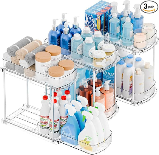Yieach 3 Pack 13.8″ Deep 2 Tier Under Sink Storage Organizer,Large Pull Out Bathroom Organizers and Storage,Slide Out Acrylic Undersink Storage Shelf,Kitchen Under Sink Organizer for Cleaning Products