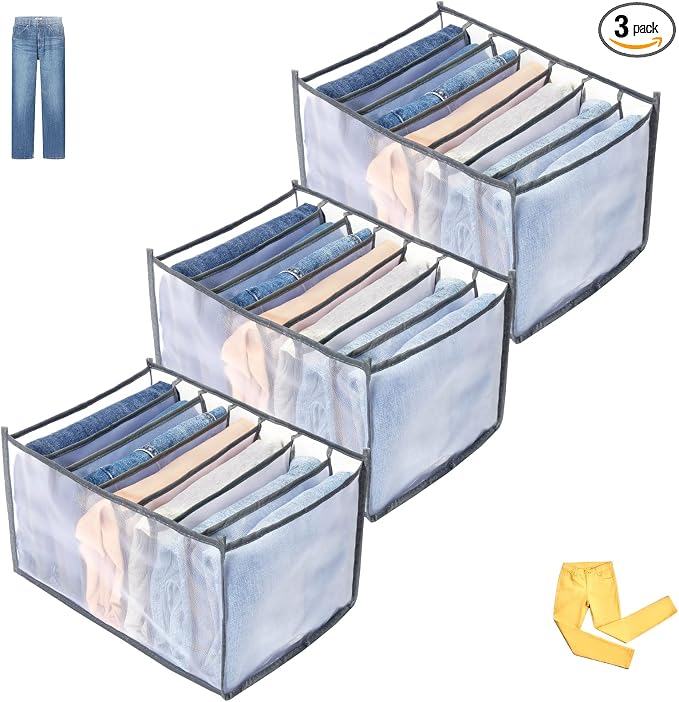 TIGARI Wardrobe Clothes Organizer, Drawer Organizers for Clothing, Closet Storage Organizer, Dresser Drawer Organizers for Thin Jeans, Trousers, T-shirts, Skirts (Gray,3 Pcs Large)