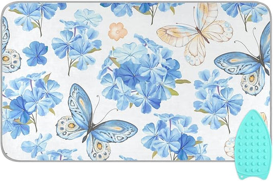 Blue Floral Butterfly Ironing Mat Portable Ironing Pad Blanket with Silicone Iron Rest for Table Top Travel Heat Resistant Double-Side Using Large 47x28 Inch Foldable
