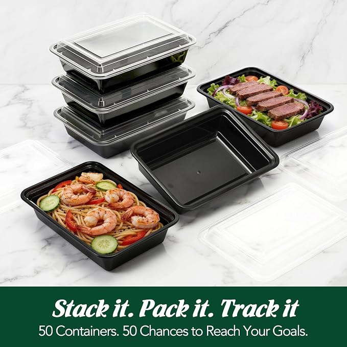 Glotoch Meal Prep Containers 32oz 50 Pack(100 Piece) with Lids, Plastic Food Storage Containers Reusable, Bento Boxes for Portion Control,Takeout, Lunch, Salad, Microwave/Freezer/Dishwasher safe
