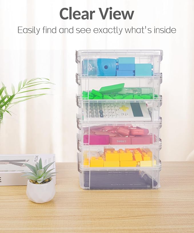 Sooez 6 Pack Extra Large Pencil Box, Plastic Pencil Case Crayon Box Bulk, Clear Marker Organizer Plastic Containers with Lid, Stackable Storage Boxes for Art Craft Pen, Back to School Supplies, Purple