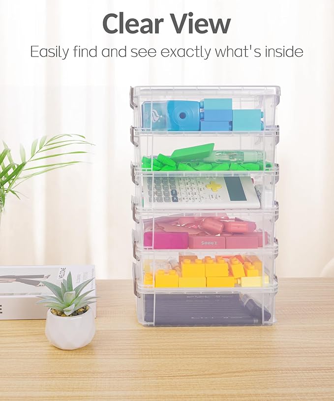 Sooez 6 Pack Extra Large Pencil Box, Plastic Pencil Case Crayon Box Bulk, Clear Marker Organizer Plastic Containers with Lid, Stackable Storage Boxes for Craft, Pen, Art, School Supply, Blue