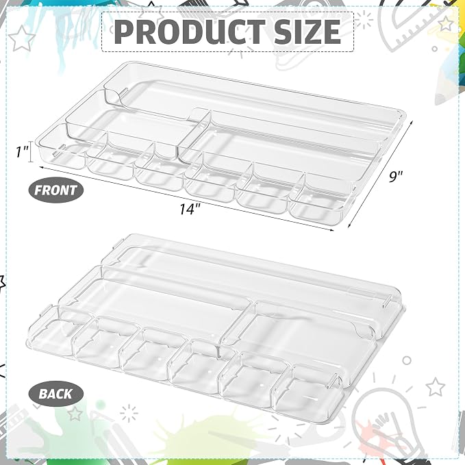 Junkin 2 Pcs Shallow Drawer Organizers 14" x 9" x 1" Desk Drawer Organizer Tray with 9 Storage Compartments for Home Office Classroom School Organizing Pens Paper Clips Sticky Notes (Clear)