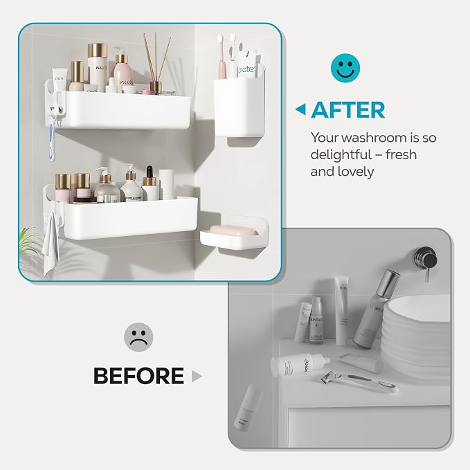 Nieifi Adhesive Shower Shelves, White, 4 Pieces | Rustproof ABS, Large Capacity, Removable Design, Easy-Clean, No Drilling Shower Organizer for Bathroom Storage & Home Decor