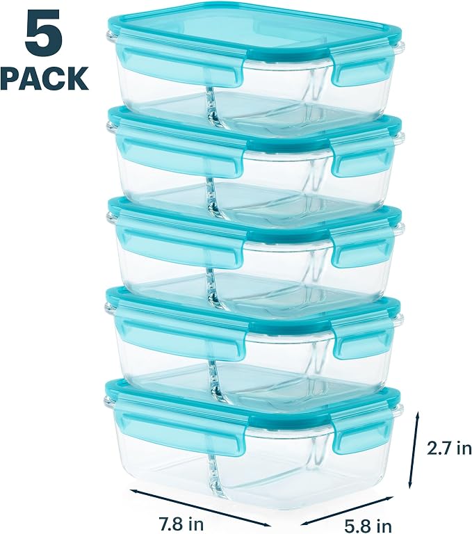 Pyrex Glass Meal Box (5-Pack, 4 Cup) Divided Compartments with Locking Lids, For Meal Prepping and Portioning, BPA Free Microwave Dishwasher Safe