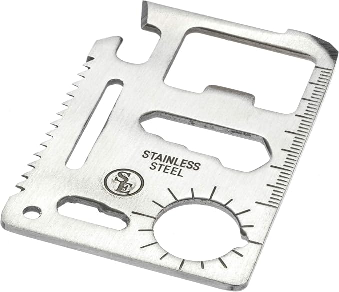 SE 11-Function Stainless Steel Survival Pocket Tool - Compact, Credit Card-Sized Multi-Tool with Leatherette Case - Ideal for Camping, Hiking, and Outdoor Activities- MT908-1