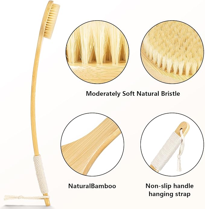 Back Scrubber Brush for Shower, 22" Curved Long Bamboo Handle Shower Brush, Antiskid Body Bath Brushes for Back Dry/Wet Brushing, Moderately Soft Natural Bristle Body Brush for Showering (Beige)