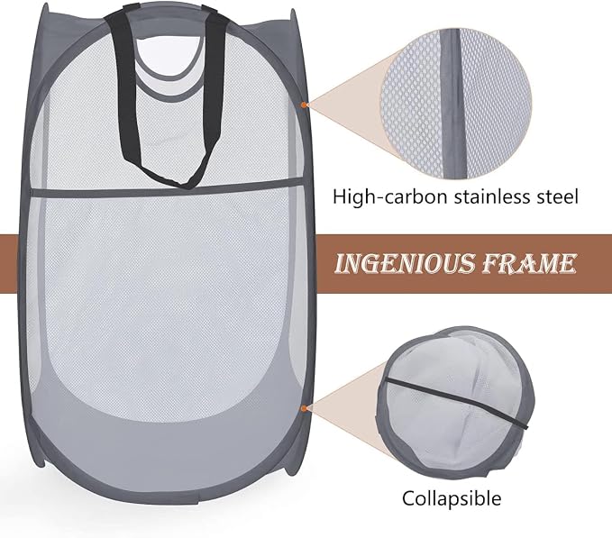 HOUSE AGAIN 2Pack Strong Mesh Pop Up Laundry Hamper, 70L Collapsible Laundry Basket with Steel Frame, Double‑Stitched Handles & Side Pocket, Foldable Dirty Clothes Hamper for Dorm, Bedroom, Grey