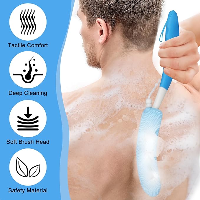 Back Scrubber for Shower, 15.35" Long Handle Shower Brush for Body, Back Brush for Shower for Men Women, Long Handled Bath Sponge for Deep Clean, Exfoliating, Anti-Slip Curve Handled Back Scrubber