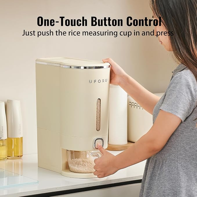 UFORU Rice Dispenser, 23-25 Lbs Rice Storage Container with Measuring Cup for Kitchen Pantry Household, Cereal Dry Food Storage Containers Airtight, Sealed Moisture Proof, Cream White