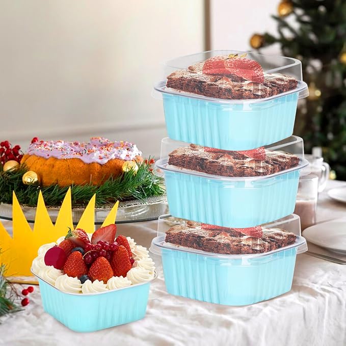 60Pack 5oz Blue Mini Cake Pans with Lids Baking Cups Aluminum Foil Pans Tins, Individual Dessert Cups Containers for Sales,Party,Picnics