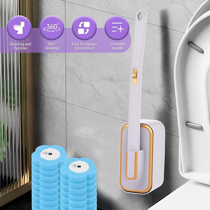 Toilet Brush Handle Kit, Toilet Wand Brush Head Disc, Disposable Toilet Bowl Cleaner Wand, Easy to Install for Bathroom Cleaning (Gray Cleaning Brush + 18 Blue Replacement Heads)