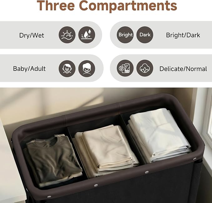 StorageWorks 3 Section Laundry Hamper, 120L Black Sorter Cart with Wheels