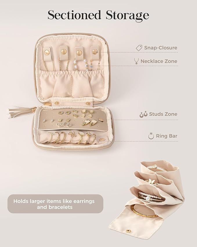 Lolalet Travel Jewelry Case Organizer, Small Soft Jewellery Pouch -Oatmeal | Storage Bag for Traveling Women, with Multi Compartments for Packing Necklaces, Earrings, Bracelets