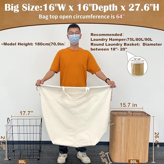 Canvas Laundry Bags with Handles & Square Base 16"Wx16"Depth x27.6"H,Beige | Extra Large Heavy Duty Laundry Basket Hamper Liner Replacement, Washable Drawstring Dirty Clothes Bag Canvas Storage Sack