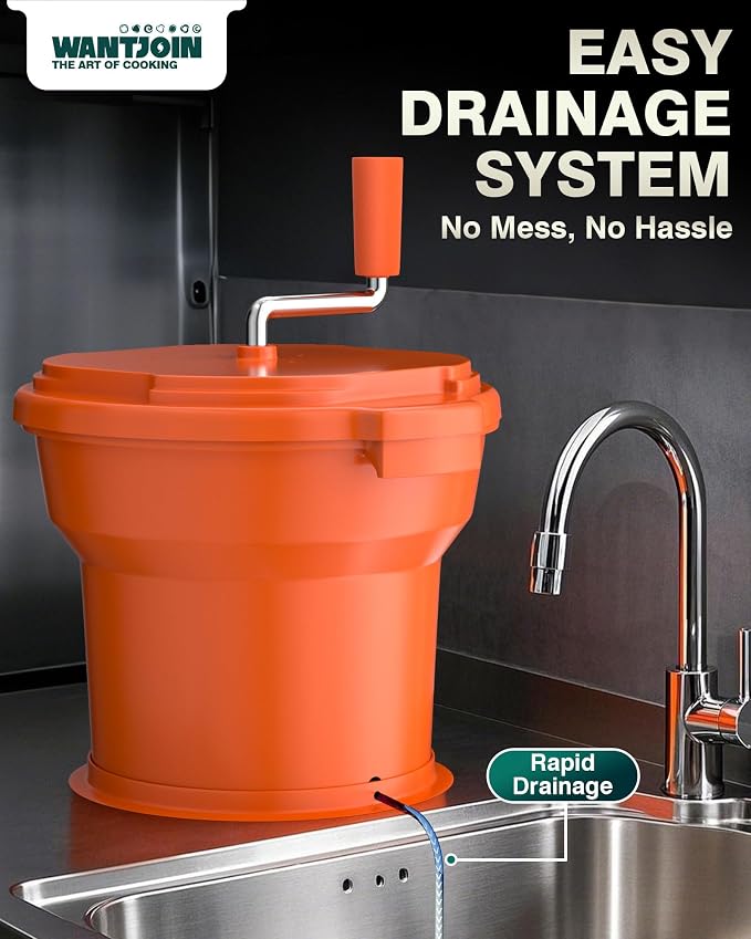 WantJoin Commercial Salad Spinner - [2 Gallon Salad Dryer] w/Silicone [Anti-slip Mat] & [Draining Hose], 10Qt Manual Salad Spinner for 3 Heads of Lettuce Spinner Large for Catering, Orange