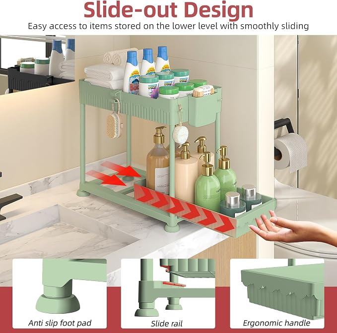 Sevenblue Under Sink Organizer, Bathroom Organizers and Storage, 2 Tier Multi-Use Pull Out Cabinet Organizer with Hang Hooks and Cups (Green, 14.8 Inch)