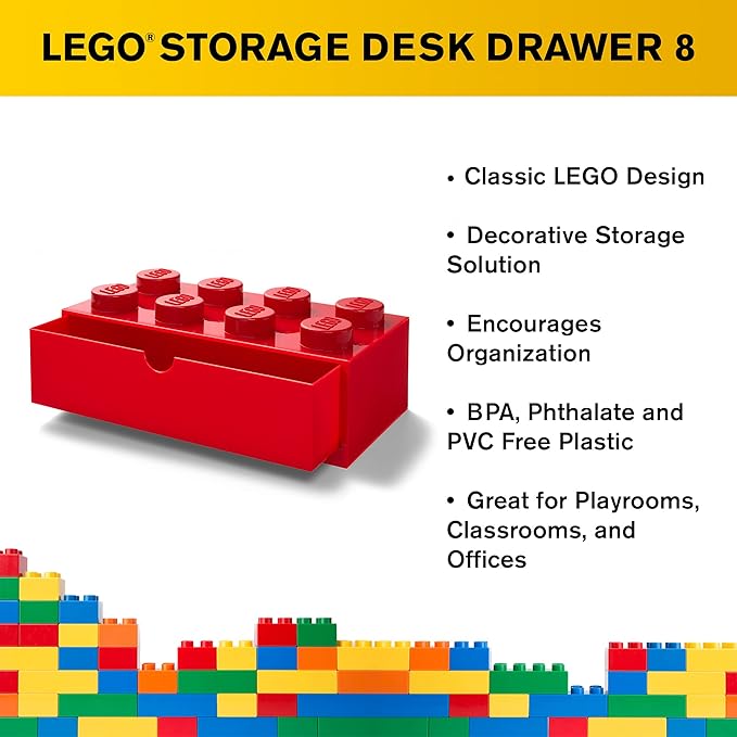 Room Copenhagen Lego Storage Brick 8 Desk Drawer, 8-Stud Stackable Tabletop Storage Box, 12.4 x 6.2 x 4.4 in, Bright Red | Stackable Storage Box | Storage with Lid | Toy Organization | 8-Stud Stackable