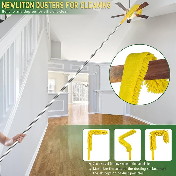 17FT Extendable Duster, 2-9 ft Extension Pole for High Ceilings | Sturdy Stainless Steel Pole , Replaceable Cobweb and Microfiber Heads Cleans Ceiling Fans, Corners and Hard-to-Reach Areas