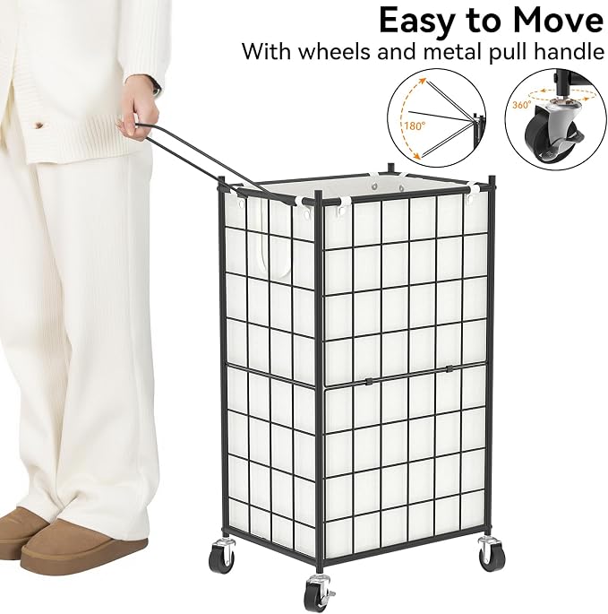WOWLIVE Rolling Laundry Basket, Metal Wire Frame Laundry Hamper with Wheels | Hamper with Removable Bag, 100L Dirty Clothes Hamper Organizer Dorm Room Storage for Bedroom, Bathroom, Black and White