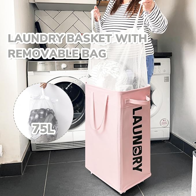 CHICVITA 75L Laundry Hamper with Wheels 2-Pack, Wash Bags, Pink | Collapsible rolling baskets with carry handles for corner dorm rooms. Removable wash bags, easy clean