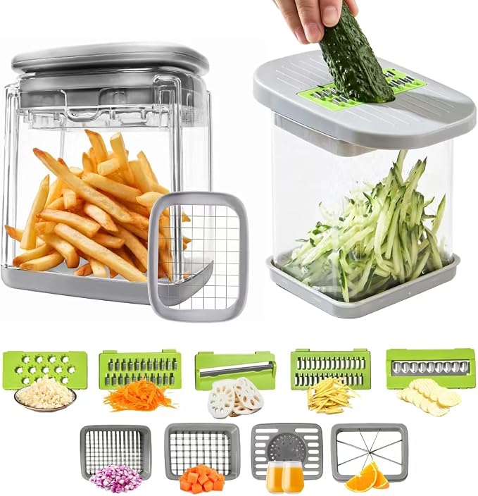 Vegetable Cutter,Food Chopper Manual Hand,for Potato Cutter & Fry Slicer - Functions as Potato Dicer,Onion Dicer,Veggie Shredder with 9 Blades,Easy to Clean, Dishwasher Safe-Essential Kitchen Gadgets