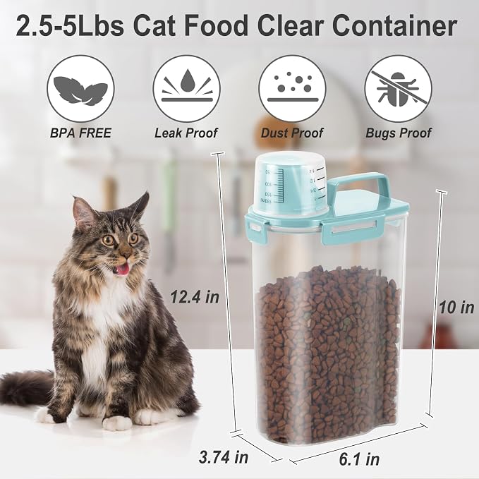 Dog Cat Food Storage Container, Pet Food Pourable Container Airtight with Large Spout & Cup, BPA-Free Plastic Food Dispenser for Pet Food, Bird Seed, Rice, Flour (Light Blue, 2.5L (2 pack))