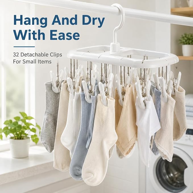 2PCS Clothes Hangers with 32 Clips Hooks, Plastic Sock Hanger, Stackable Laundry Drying Rack for Underwear, Clothes Airer with Swivel Hook, Portable Small Item Organizer for Bathroom Balcony Daily Use