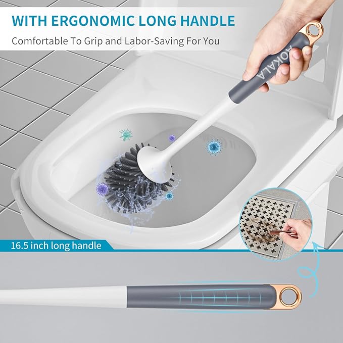 Silicone Toilet Brush and Holder Set, Toilet Bowl Brush with Tweezers Long Handle, Toilet Cleaner Brush for Bathroom Deep Cleaning, Elegant Toilet Scrubber Bathroom Accessories (Light Gray)