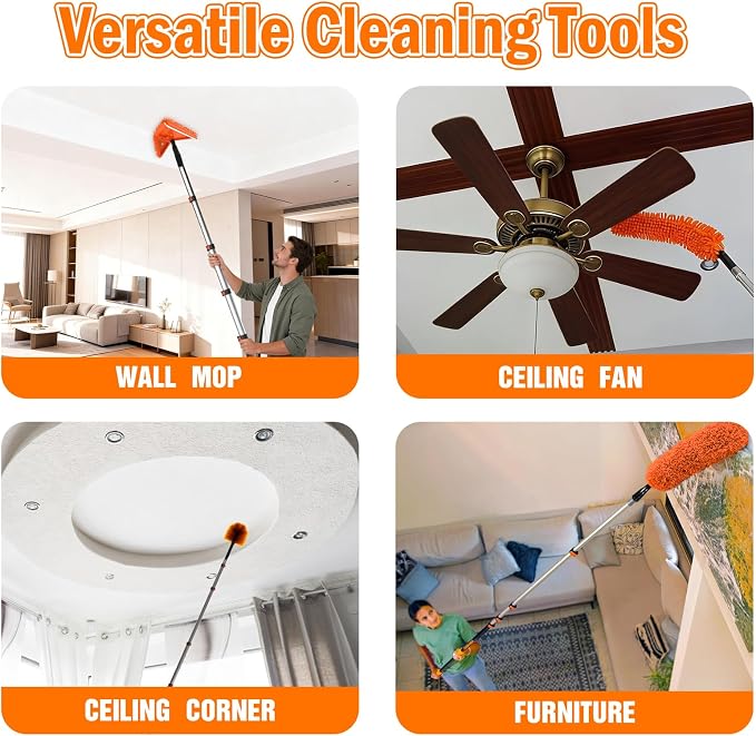 LAANPOLE 30FT Reach Dusters for Cleaning, Ceiling Fan Cleaner Duster with Extension Pole, Wall and Baseboard Cleaner Mop with Handle for Window Cobweb Fan Blade and High Ceiling
