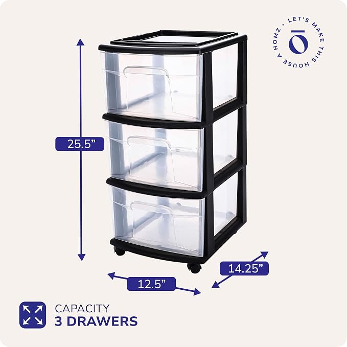 HOMZ Drawer Tower, 3-Tier Storage Cart with Removable Wheels, Black Frame | Plastic Organizer with Clear Bin Drawers for Bedroom, Bathroom, Home Office, and Dorm Rooms