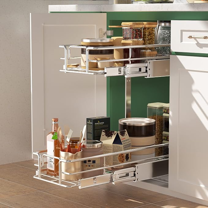 LOVMOR 2 Tier 5½" W x 21½" D, Individual Pull Organizer Kitchen Cabinet Storage Sliding Shelves