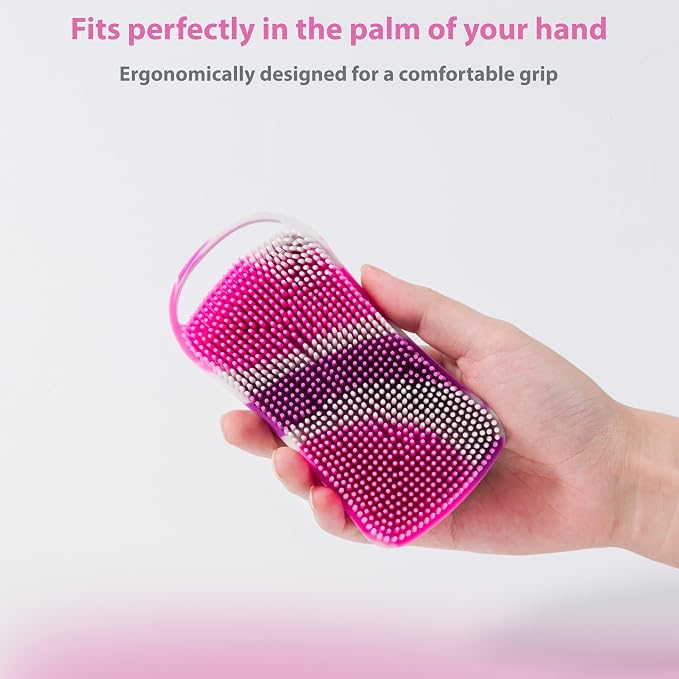 MtBoi 2 PC Silicone Body Scrubber, 2 in 1 Exfoliating Shower Bath Scrubber, Soft Silicone Loofah for Sensitive Skin, Shower Hair Scalp Massager, Easy to Clean, Lather Well (Black&Purple)
