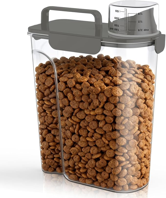 Uppetly Dog Cat Food Storage Container, 5-7Lbs Pet Food Containers, Airtight Cat Food Container with Portable Handle & Measuring Cup, Small Animal Dry Food Dispenser for Dogs, Cats and Birds Grey