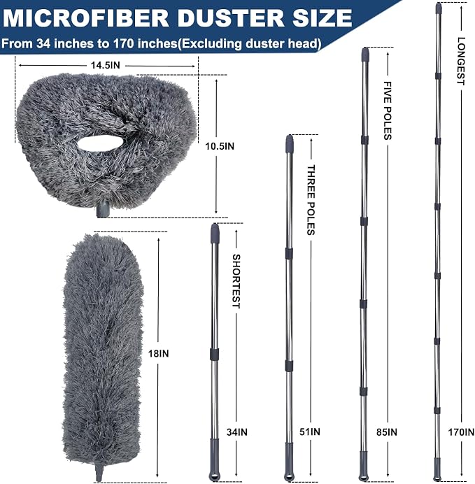 20+ Ft High Reach Ceiling Fan Duster &Microfiber Feather Brush Duster with 3-14 ft Spliceable Pole Microfiber Feather Duster for Spider Web, High Ceiling, Blinds, Furniture Cleaning Tool Kit